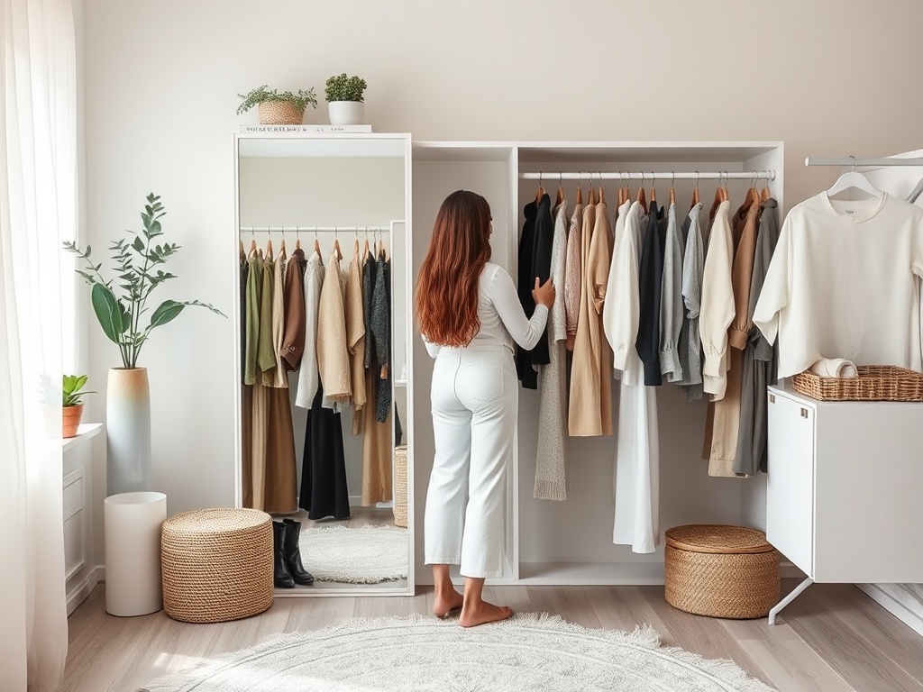 O femeie cu păr lung alege haine dintr-un dressing într-o cameră luminoasă și modernă.